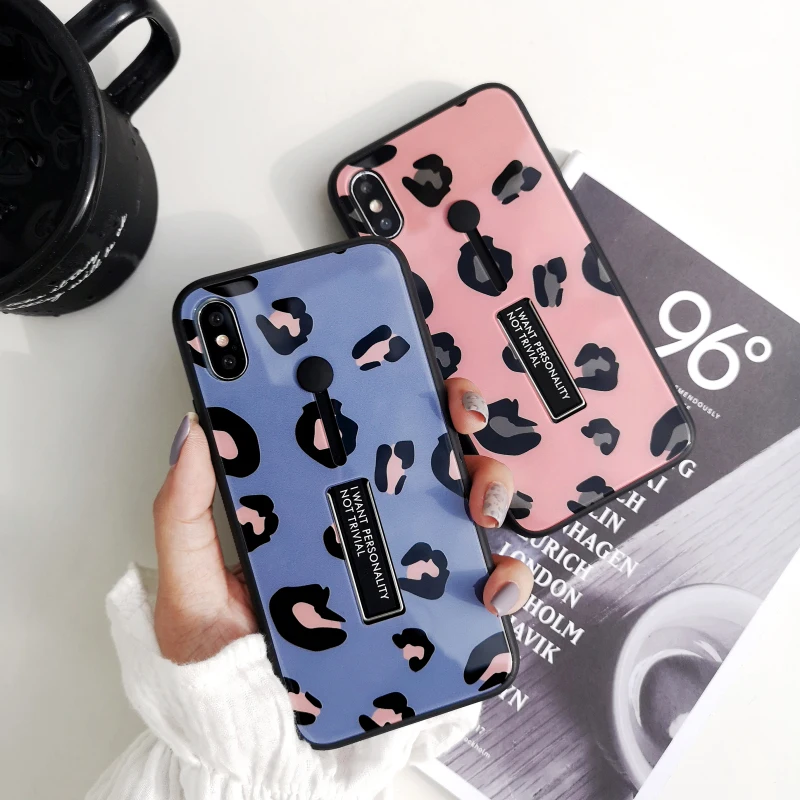 Чехол для Iphone 7 X XR 8 6S XS 6 Роскошный розовый синий Леопардовый принт петля кольцо
