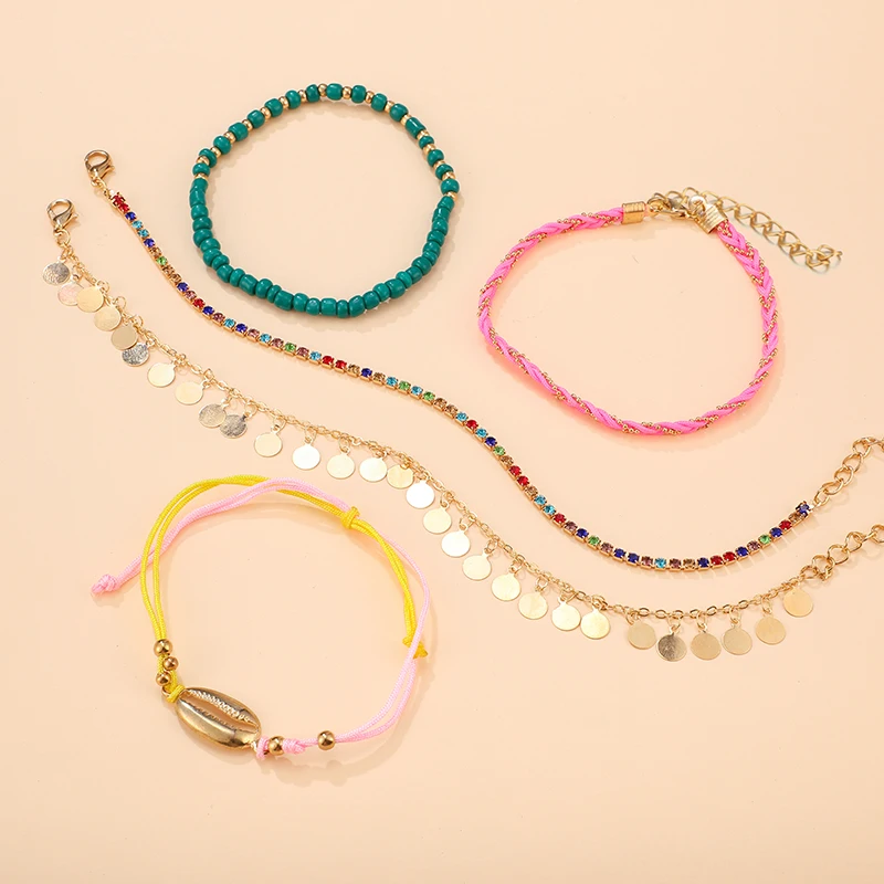 Tocona Boho Красочный Кристалл бисером круглый вафельный кулон в виде ракушки набор ножных браслетов для женщин Многослойная плетеная веревка цепочка на лодыжке 8069
