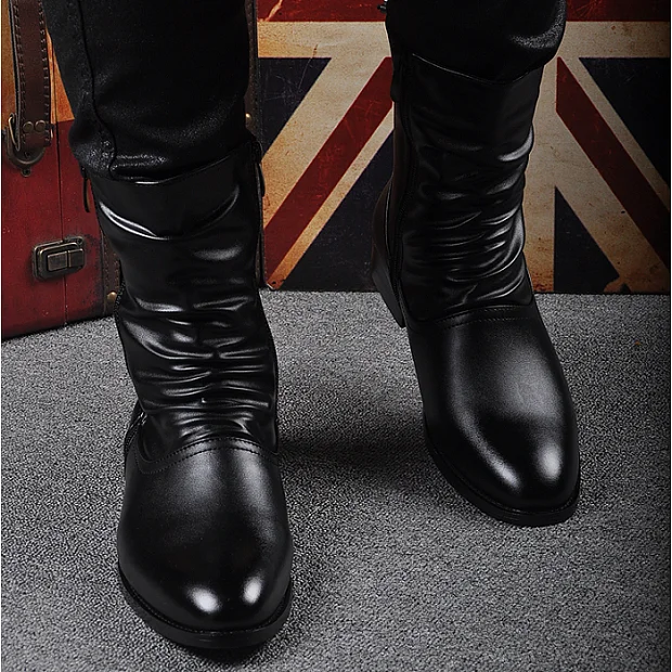Mens Leather Boots Idopy Spring Autumn Men Pointed Toe Lace Faux Leather Boots Male Punk Leather High Heels Shoes Zipper Booties