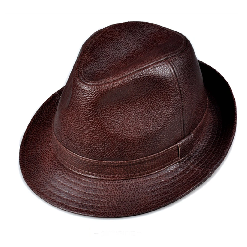 New 2021 Man High Quality Genuine Leather Jazz Fedora Gentleman Cow Skin Short Brim Black/Brown Top Hat Male Shows Topper custom fedora hats