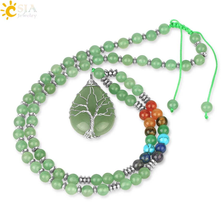 CSJA Tree of Life Wire Wrap Water Drop Pendants Chakra Natural Stone Aventurine Pink Crystal Beaded Necklaces for Women Men S476