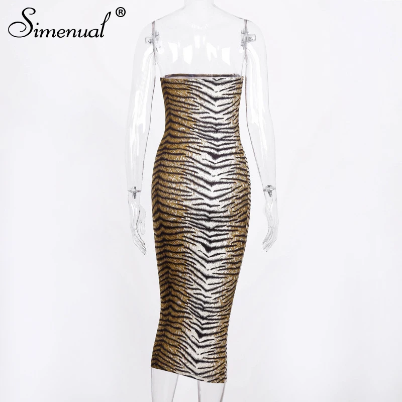 Simenual Tiger Print Sexy Hot Party Dress Women Strapless Fashion 2019 Bodycon Dresses Hollow Out Clubwear Skinny Midi Dress New