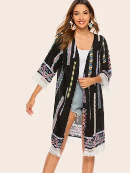 

Europe and the United States speed sell tong Muslim new v-neck tassel printing long cape coat cross-border