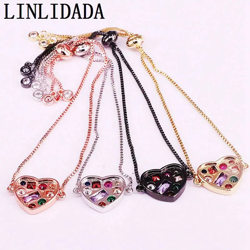 8 шт Радужный CZ красочный Цирконий сердце соединитель бисера с регулируемым браслетом для женщин