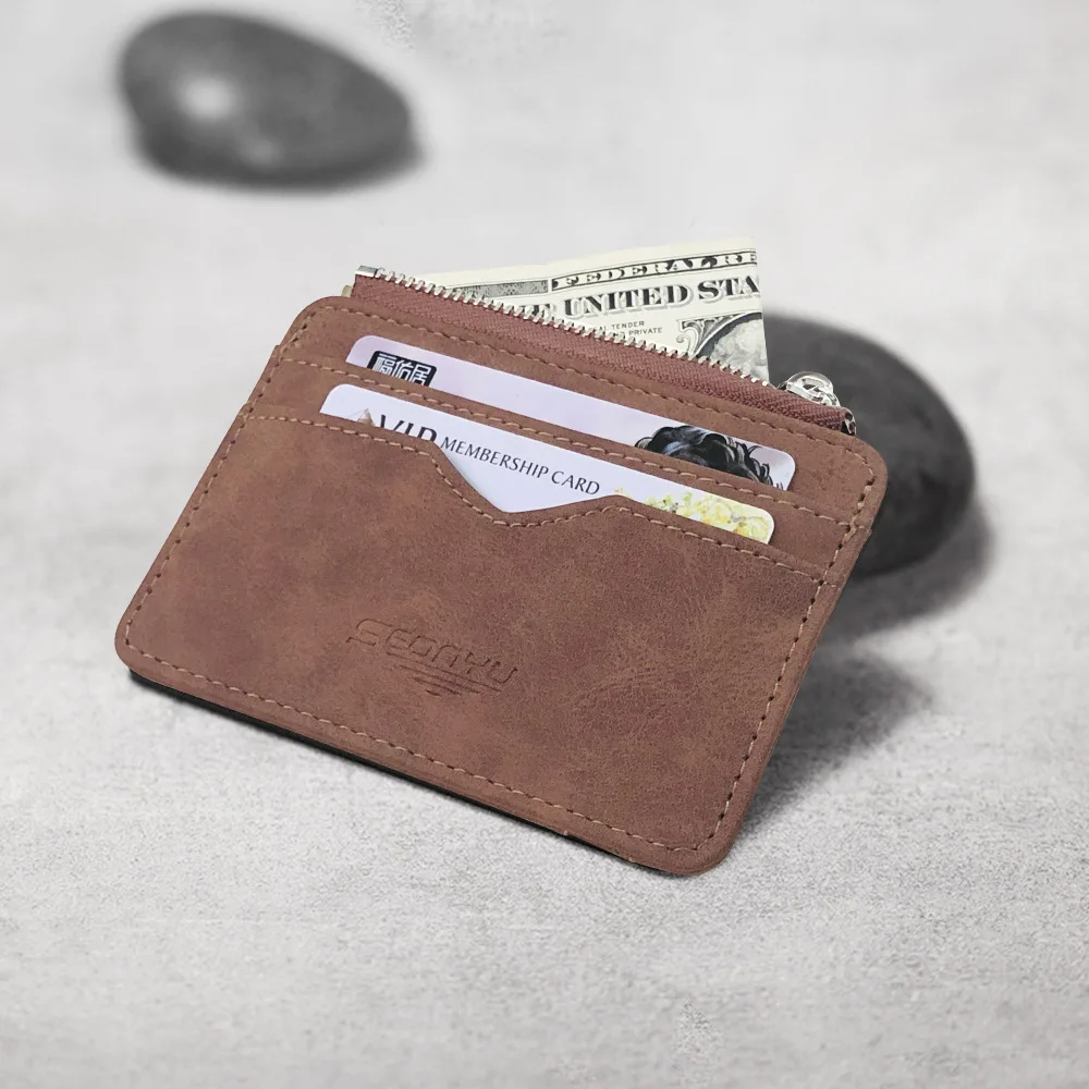 Fashion Small Men Wallet ID Card Holder Durable PU Leather 5 Card Slots Purse With Zipper Coin Pocket Thin Credit Card Case - 4