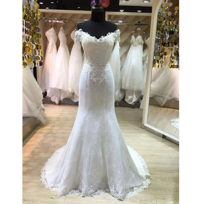 Detachable-Skirt-2-Pieces-Wedding-Dresses-Mermaid-Off-Shoulder-Short-Sleeve-Beaded-Appliques-Lace-B ridal-Gowns