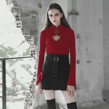 

PUNK RAVE Women's Punk Pleated Half-skirt with Tie-up Rope Eyelet Double-sided Plicing Chiffon Soft Personality Minit Skirt