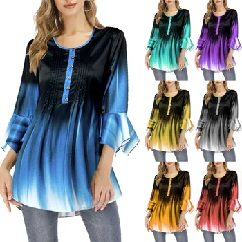 

5XL Large Size Ladies Long Sleeve Gradient Print Splicing Tee Shirts Women Spring Autumn T-Shirt Casual Loose Tops Plus Size 4XL