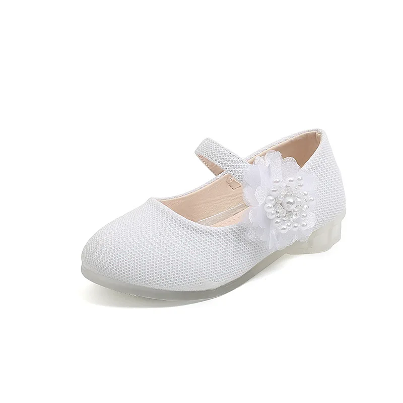Girls Fashion Pearl Flower Kids Leather Shoes Children Princess Shoes High-heel Dance Shoes Sweet Hot for Wedding Flats 21-30