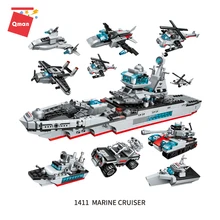 QMAN Technic Cruiser Warship helicóptero Fighter coche militar tanque bloque de construcción 8 en 1 ladrillos juguetes educativos para niños regalo(China)