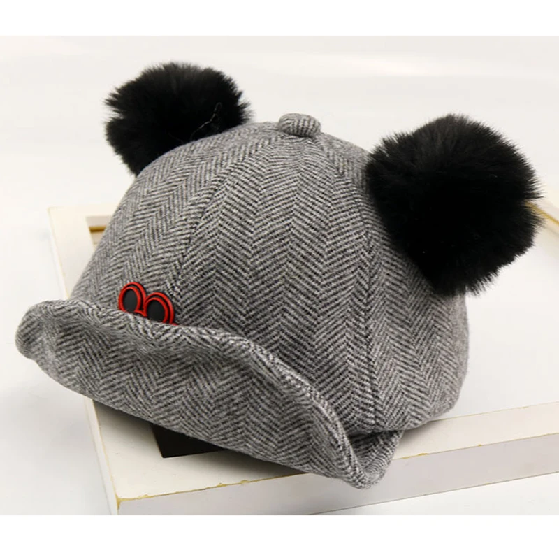 Child Winter Cotton Baseball Cap Boys Girls Patchwork Two Pompom Balls Felt Hats Cartoon Children Visor Caps