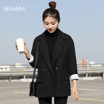

2020 new XL autumn coat female black retro Korean loose casual wild thick woolen coat Regular Single Button Casual