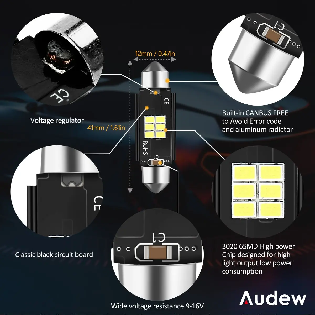 Audew LED ڵ ׸  , ,  ȣ , T10, C5W, T15, 912 921  , ڵ 12V, 16 