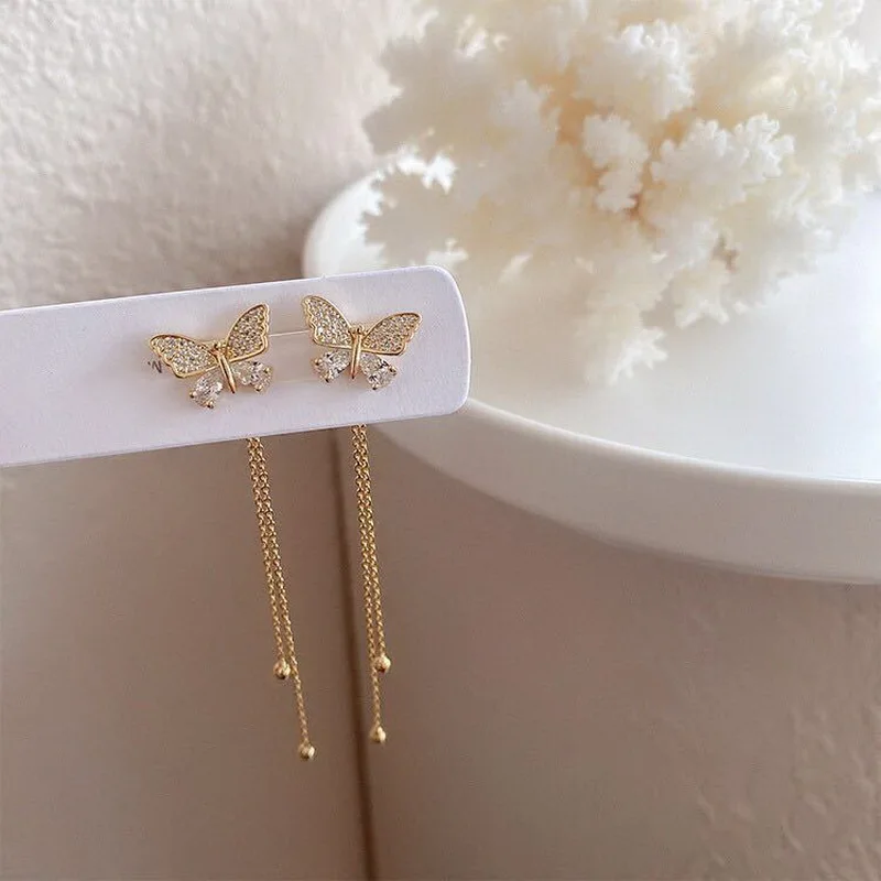Orecchini Lunghi A Nappa Farfalla – Catena Oro Con Cristalli, Pendenti, Gioielli Donna