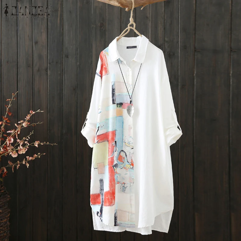 Zanzea 2023 Primavera Camicetta A Spillo Da Donna Caftano Camicie Floreali Manica Lunga Blusas Femminile Button Down Tunica Casual