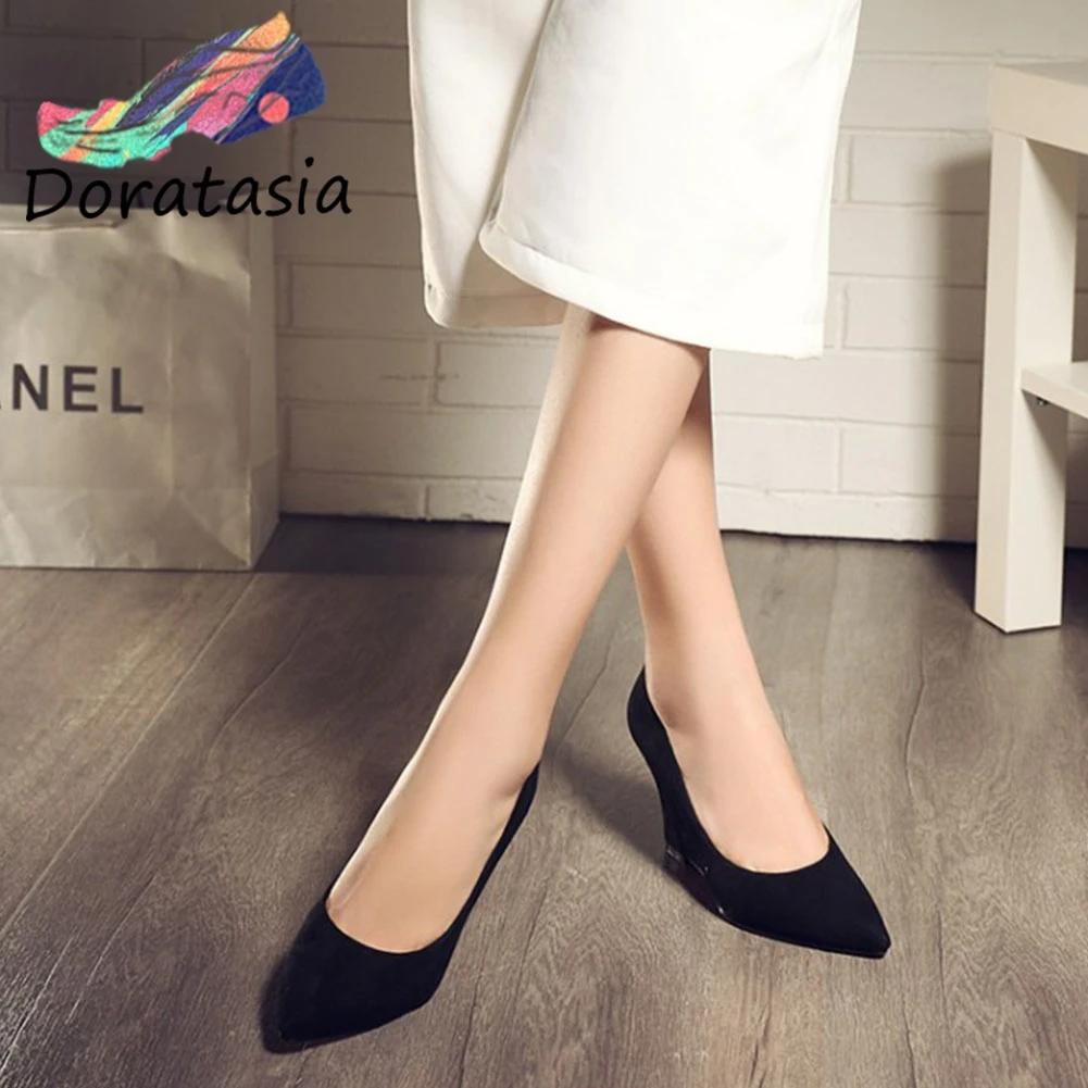

DORATASIA Girl Pointed Toe Shallow Date Pumps Elegant Spring Natural Suede Pumps Women High Wedges Shoes Woman
