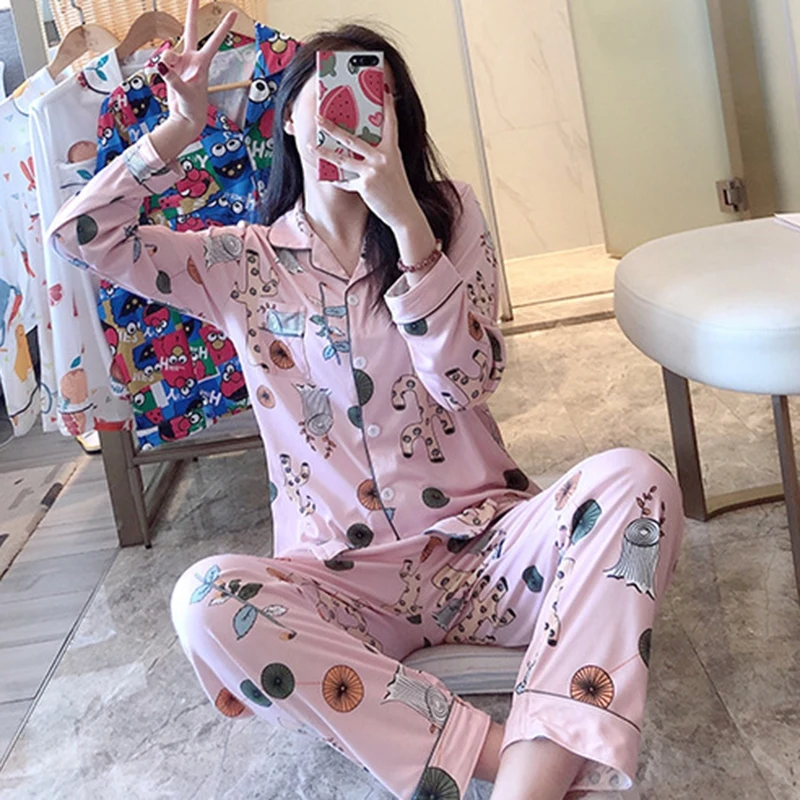 Women Pajamas Set Long-sleeved Cardigan Fashion Home Service Lapel Cartoon Fruit Print Shirt + Trousers M-2XL