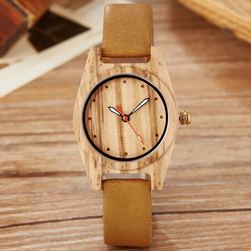 Women Wood Watch No LOGO Leather Band Ladies Bracelet Watches for Women Bamboo Wooden Wristwatch Girls Clock relogio masculino