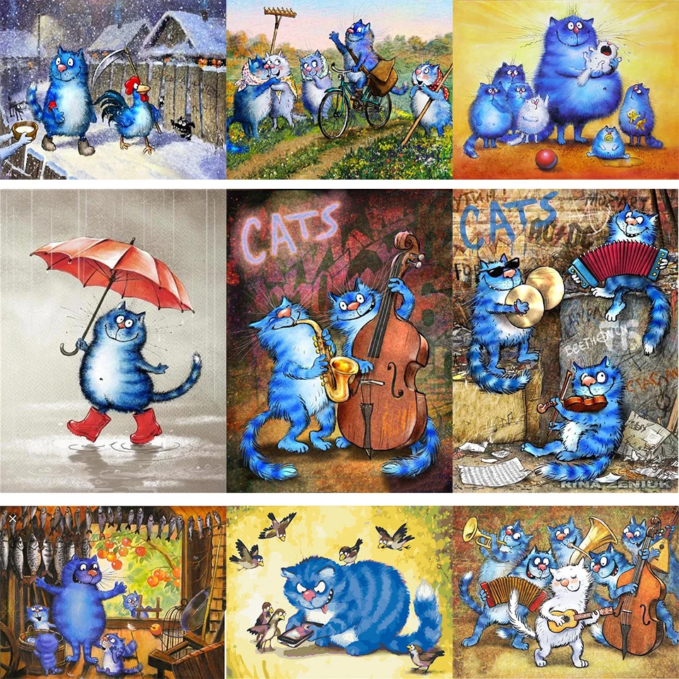 FSBCGT Cartoon Animal Painting By Number Blue Cats And Birds Dra