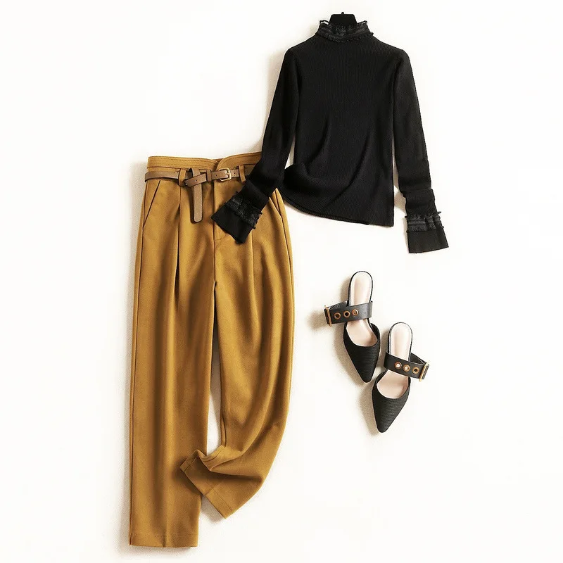 see chart Women winter fashion suede pant suit female black gothic turtleneck sweater top faux suede pencil pants two-piece set khaki - Цвет: see chart