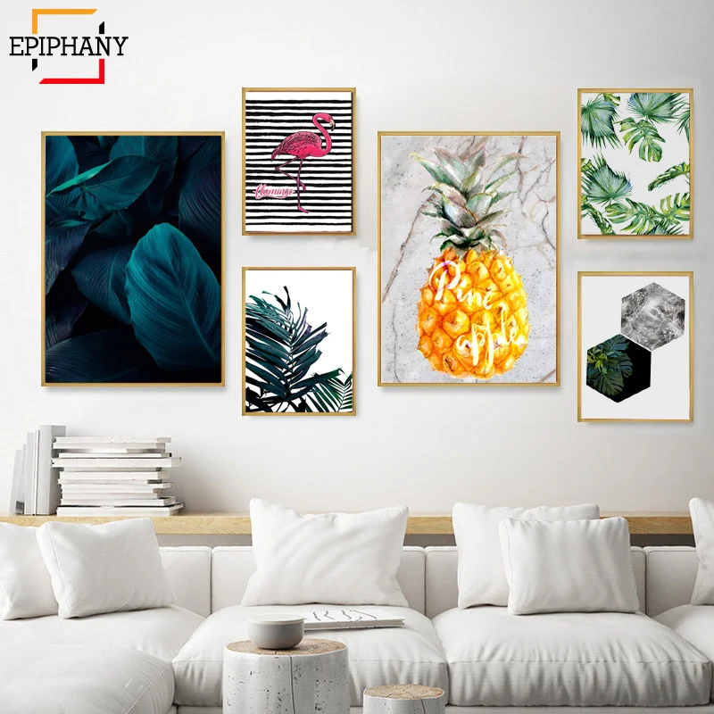 Постер на холсте с зелеными листьями в скандинавском стиле|Рисование и