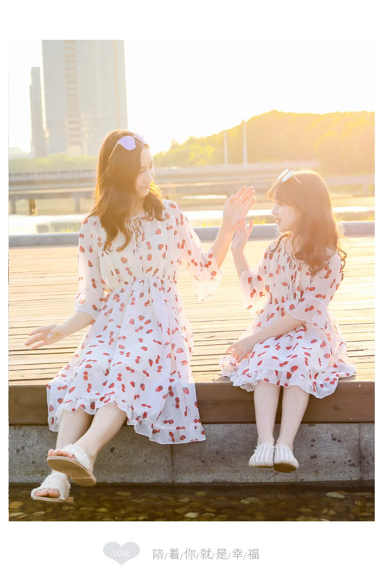 Cherry Pattern Print Mother Daughter Dress Chiffon Material Family Matching Outfits Patchwork Clothes Mom and Daughter Dress