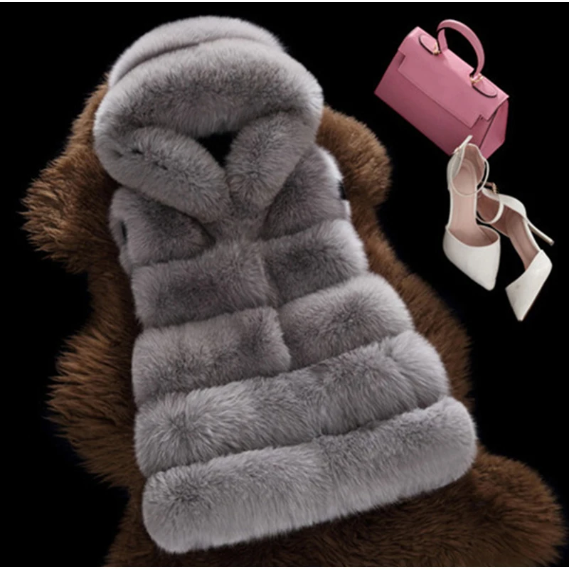 Высококачественный меховой жилет с капюшоном пальто роскошный из искусственной лисы теплое Женское пальто жилетки зимние модные меховые женские пальто куртка жилет