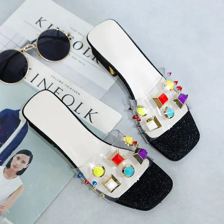 

2019 Summer New Style Korean-style Rivet Colorful Crystals Transparent Semi-high Heeled A- line Sandals Versitile Fashion Sandal