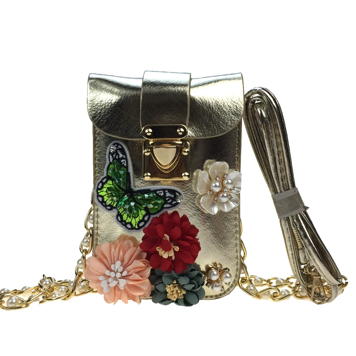 

Stereo Flower 6plus Phone Bag Butterfly Embroidered Bag Diamond Set Pearl Flower Casual Chain Leather Bag Shoulder WOMEN'S Bag
