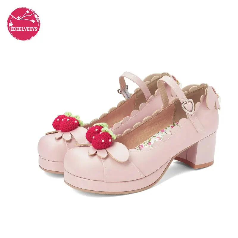La Princesa Lolita chicas zapatos Mary Jane dulce de las mujeres vestido de fiesta Cosplay boda bombas Chunky tacones medios de fresa de talla grande 34-48