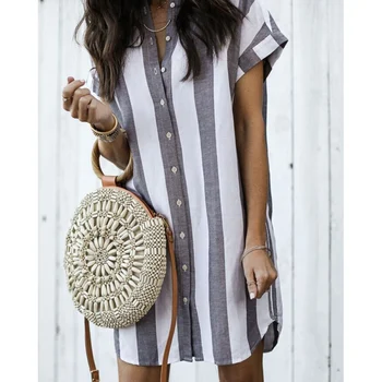 

Summer Autumn New Women Blouse Fashion Design Striped Prints European And American Blouse Casual Loose Short-sleeved Shirt