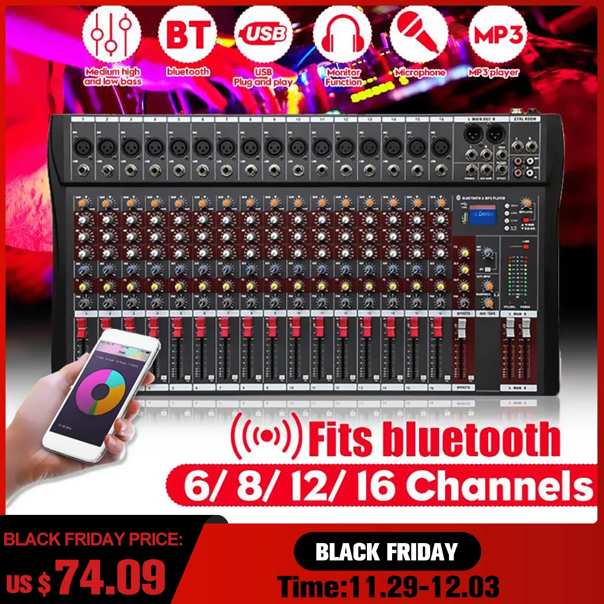 

12 Channels Professional Studio Audio Mixer bluetooth USB Digital DJ Sound Mixing Console 48v Phantom Powers Monitor Amplifier