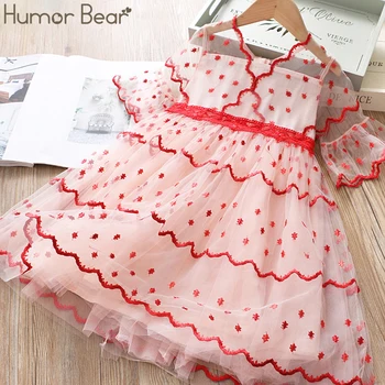 

Humor Bear Summer Girl Dress Embroidered Kids Princess Dresses Children Middle Sleeve Cake Party Birthday Toddler Girl Clothing