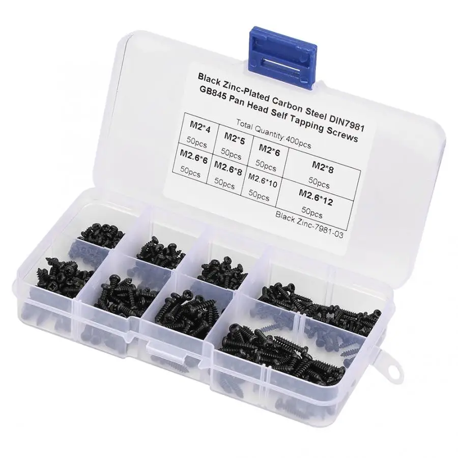 

400Pcs Black M2/M2.6 Cross Pan Head Self Tapping Screws Set Assortment Kit