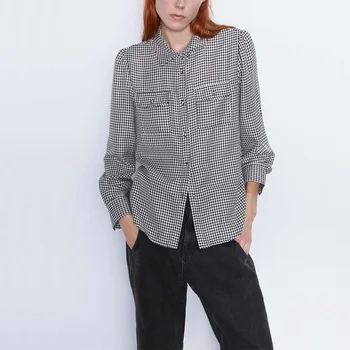 

Autumn women's shirt casual plaid pocket decorative shirt