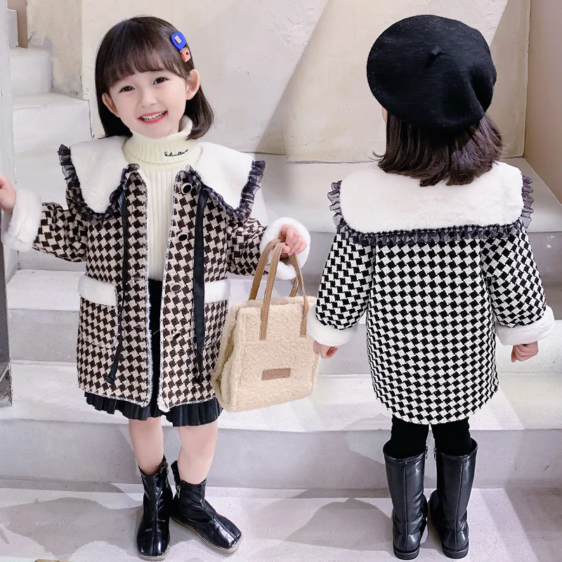 

Girls Woolen Coat Jacket Cotton Outwear 2022 New Warm Thicken Plus Velvet Winter Teenager Furs School Children's Clothes
