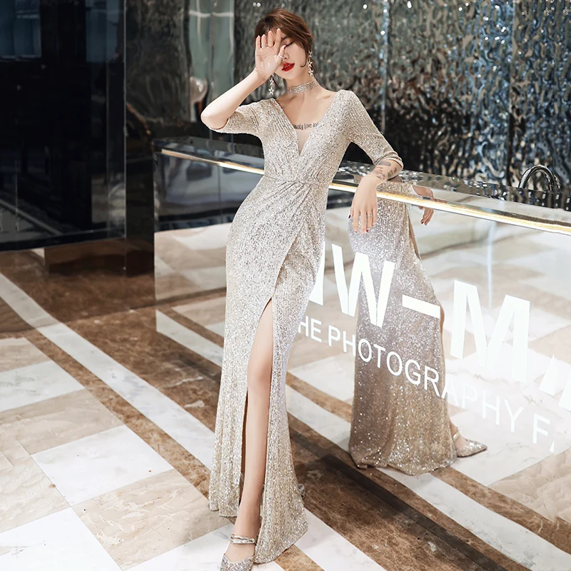 Женское вечернее платье с серебряными блестками блестящее длинное v образным