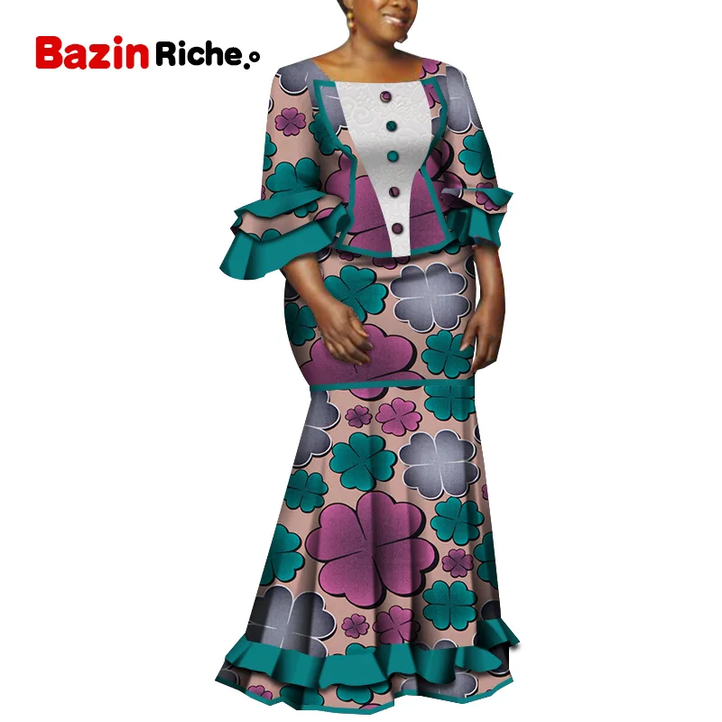 Африканский принтованный костюм с юбкой для вечерние WeddingTraditional Костюмы Блуза Топ+ длинная юбка-карандаш Базен 2 шт. Комплекты одежды WY5240