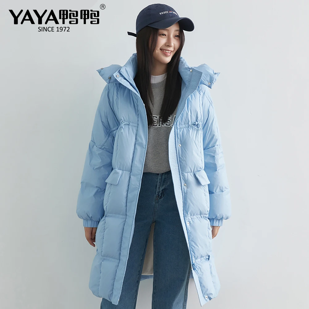 YAYA 2021 Women's Winter White Duck Down Jacket Thick Loose Below Knee Longer Warm Overcoat Hood Windbreak Padded Outerwear