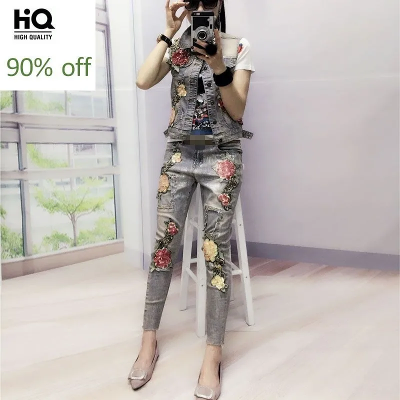 

Women Flowers Embroidery 2 Piece Sets Pattern Print Casual Jacket Jeans Denim Set Female Single Breasted Moto Biker Sleeveless