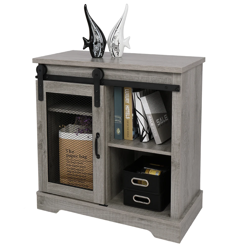 

Multipurpose TV Cabinet Stand Table Sliding Mesh Barn Door Entryway Gray 80x39x81CM with Large Storage Space[US-Stock]