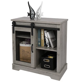 

Multipurpose TV Cabinet Stand Table Sliding Mesh Barn Door Entryway Gray 80x39x81CM with Large Storage Space[US-Stock]