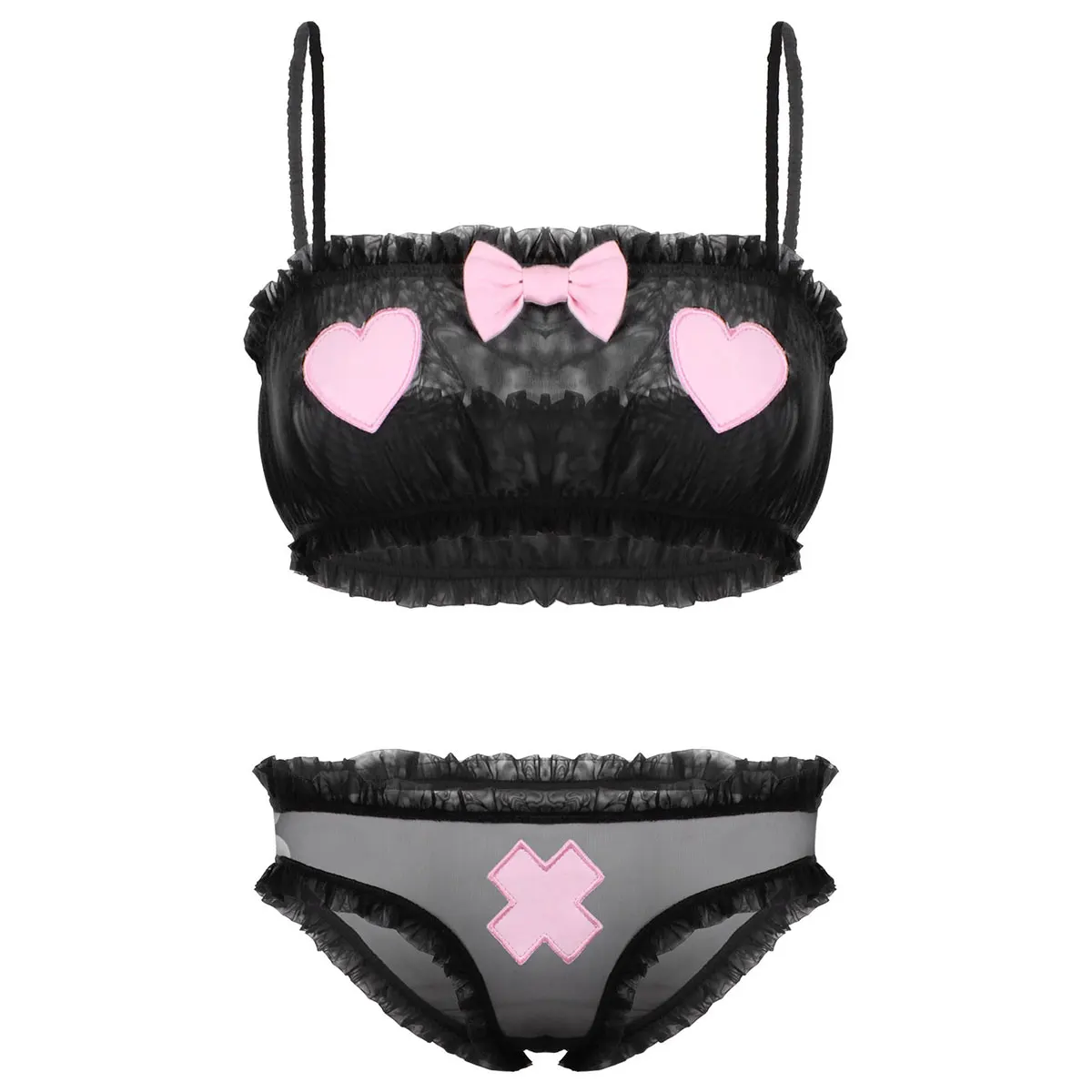 

Women Japanese Cute See Through Sheer Mesh Lingerie Set Ruffled Camisole Crop Top with Low Rise Briefs Underwear Mesh Swimsuit