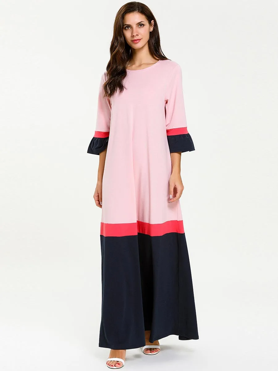 Abaya Turkey/модное простое платье большого размера Fmme; осеннее вязаное платье контрастного цвета с длинными рукавами; арабское платье Musulmane