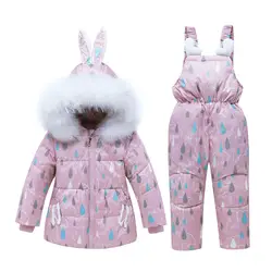 Зимняя куртка в горошек + штаны-комбинезон костюмы из двух предметов для девочек детский зимний комбинезон, парка для маленьких девочек