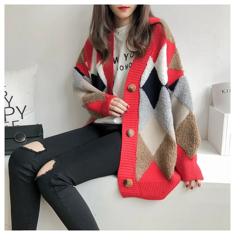 Осенне-зимний свитер, вязаное пальто для женщин, свободная длинная куртка, Ретро стиль, в клетку, контрастный цвет, вязаный кардиган для колледжа, повседневная верхняя одежда