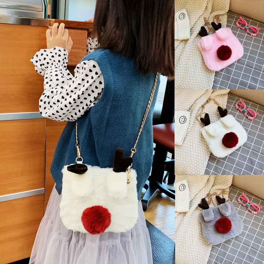 Рождественский мини-сумка с принтом оленя для маленьких девочек и декоративный, плюшевый сумка Повседневное цепи с застежкой-молнией детская школьная сумка торебка