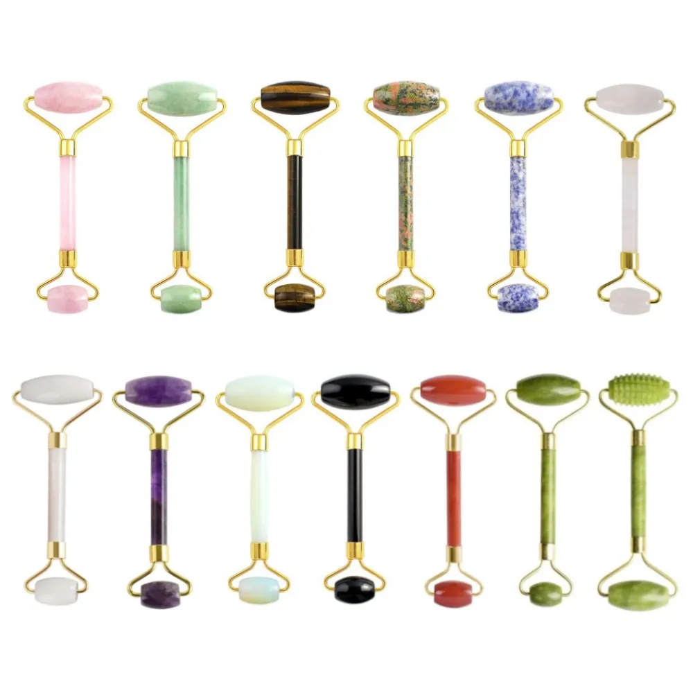 Natural Crystal Jade Rose Quartz Massage Roller Face Body Relax Slim