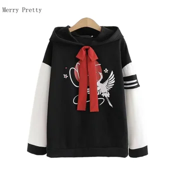

Black Solid Cartoon Print Lace Up Casual Women Pullover Women Hooded Sweatshirts 2020 Long Sleeve Patchwork Cotton Female Tops