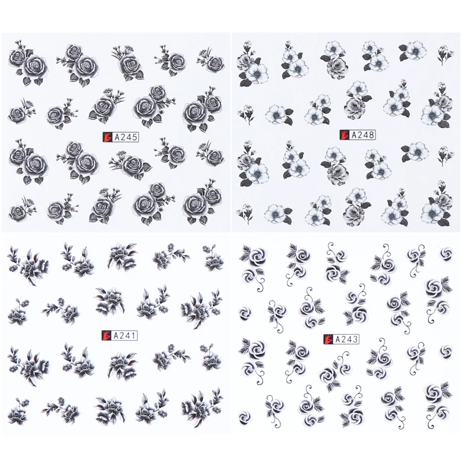 12 дизайнов, сексуальный черный дизайн ногтей, Цветочный декор, Водная передача, красивые наклейки на кончики ногтей, Переводные картинки, инструменты для маникюра, LAA241-252